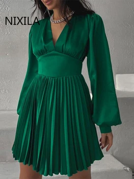 Na jar roku 2023 Krásne Elegantné dámske Saténové Zelené Šaty z Hodvábu A-line Dlhý Rukáv Sundress Ročník Mini Sexy V Krku Šaty Krátke