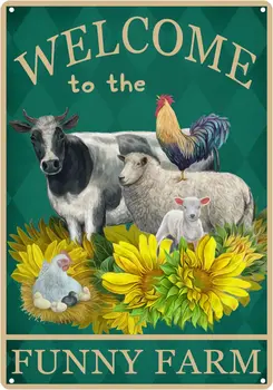 Vitajte Na Zábavné Farmy Tin Znamenie, Slnečnice Kravy Ovce Kuracie Záhrada Vintage Kovov Cín Známky Pre Mužov WomanWall Dekor