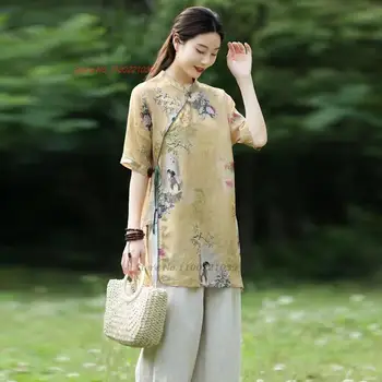 2023 čínskom tang farby vintage hanfu blúzka ženy národnej kvetina tlače bavlnená posteľná bielizeň, blúzky, tradičná čínska retro zen tričko