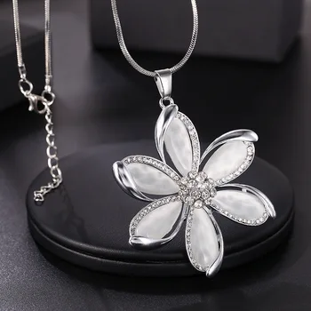 Móda Ženy Snowflake Crystal Leaf Simulované Pearl Tulipán Kvet Romantický Sveter S Dlhým Reťazcom Bling Kameň Náhrdelník S Príveskom