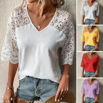 Letná Blúzka Ženy Oblečenie Žien Letné T-shirt Farbou tvaru Čipky Šitie Polovičný Rukáv Duté Sa Dress-up Soft Plus Si