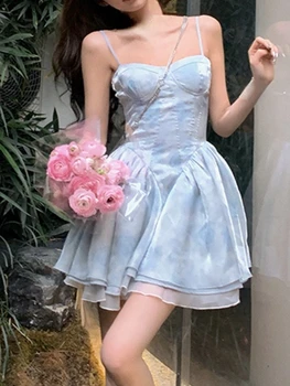 Letné Tlač Francúzsko Elegantné Šaty Žien Slim Vintage Fairy Party Mini Šaty Žena Backless Kórejský Módne Kawaii Šaty 2023