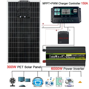 12V na 220V Solárny Systém 300W PET Solárny Panel+150A Regulátor Nabíjania+4000W 6000W 8000W Invertor Auta Energie Súpravy