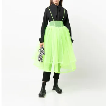 High Street Neon Zelená Opuchnuté Organza Ženy Šaty Vidieť Skrz Žena Maxi Šaty Módne Oblečenie Polovici Teľa Šaty