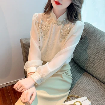 2023 nový čínsky štýl tradičných top lištovanie lepšiu cheongsam top korálkové šifón dizajn ženy elegantný qipao golier, blúzky