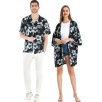 Pár je Havajskej Pláži Dovolenku Strany Tropické Kvetinový Tlač Tričko Alebo Kimono