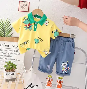 Letné oblečenie Baby boy dinosaura oblečenie Karikatúra roztomilý klopy-krátke rukávy košele a šortky dve dielna sada Batoľa detský Kostým