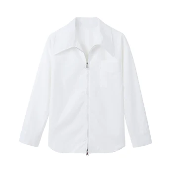 Dvojité Zips Bieleho Plášťa Vnútorné Nosenie Jar Nových Špecializovaných Top Shirt Klesnutie Tričko pre Ženy