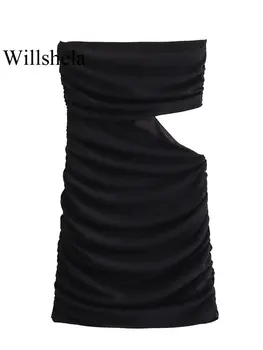 Willshela Ženy Módne Čierne Duté Sa Skladaný Späť Na Zips Mini Vintage Šaty Bez Ramienok Lomka Krku Žena Lady Chic Šaty