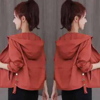 2023 Jar Jeseň Nové Žien Vintage kórejský Long Sleeve Hooded Jacket Módne Bežné Ženské Elegantné Pevné Coats Outwear X3