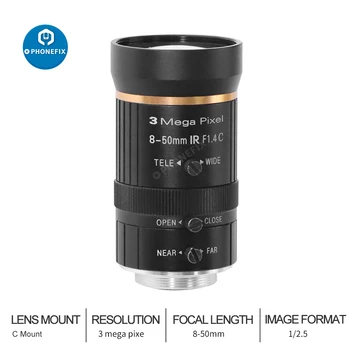 CS Mount 3MP 8-50 mm Manual Iris Objektív Zoom Varifokálny optické Nízke skreslenie bezpečnosti Objektív Pre priemyselné USB Kamery