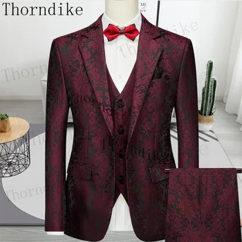 Thorndike Žakárové Kvetinový Smoking Obleky Pre Mužov, Svadobné Slim Fit Burgundsko Gentleman Bunda S Vesta Nohavice 3 Ks Mužskej Kostým