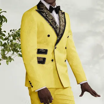 Žltá Kvetinový Dvojité Breasted Slim Fit Muži Obleky Pre Svadobné Business Tuxedos, Šité Na Mieru, Terno Masculino Groomsman Bunda+Nohavice