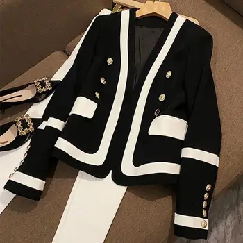 Európska Kontrast Čiernej a Bielej Farby Oblek pre Ženy Jeseň High Grade Light Luxusné Kovové Tlačidlo Všestranný Malé Voňavé Kabát